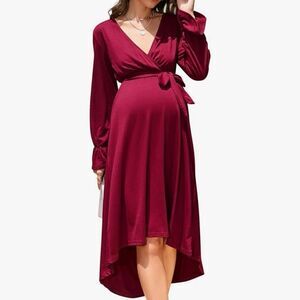 NWT Kojooin Burgundy V-Neck Wrap‎ Long Sleeve Maternity Dress Size Medium